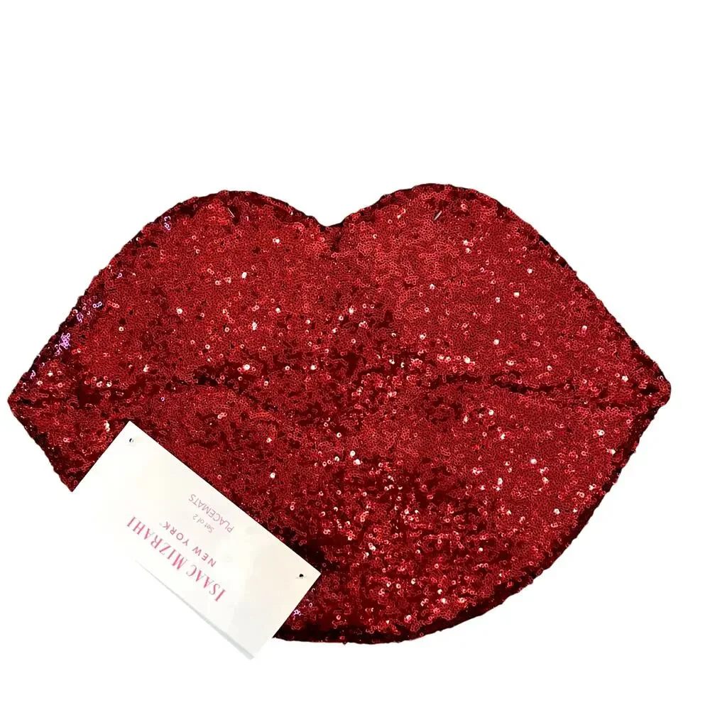NEW Isaac Mizrahi Valentine’s Red Sequin LIPS Placemats Set Of 2